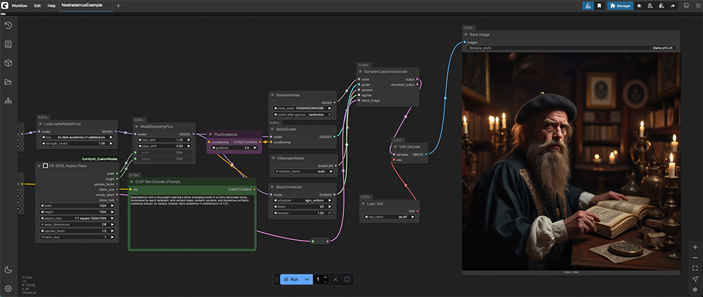 Screenshot of the ComfyUI workflow used to create the Nostradamus Illustration
