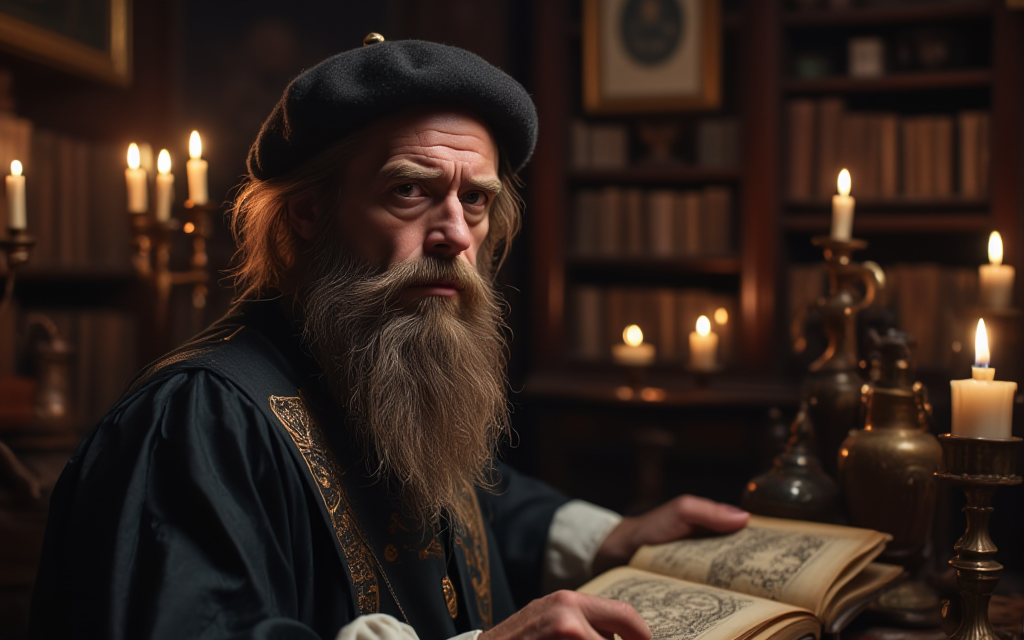 An image of the prophet Nostradamus reading a book in a candle lit room.