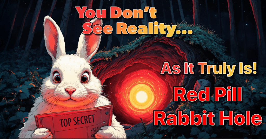 A colorful illustration of a white rabbit reading a top secret document. Text in the illustration reads You don't see reality as it really is, red pill rabbit hole.